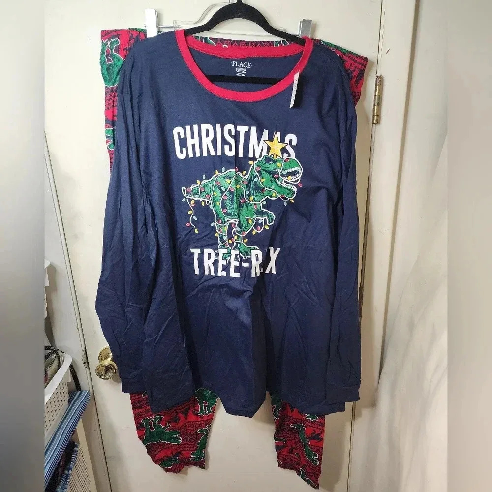 NWT Place Adult Size XXXL, 2 Pc Set Pajamas Christmas Tree-Rex